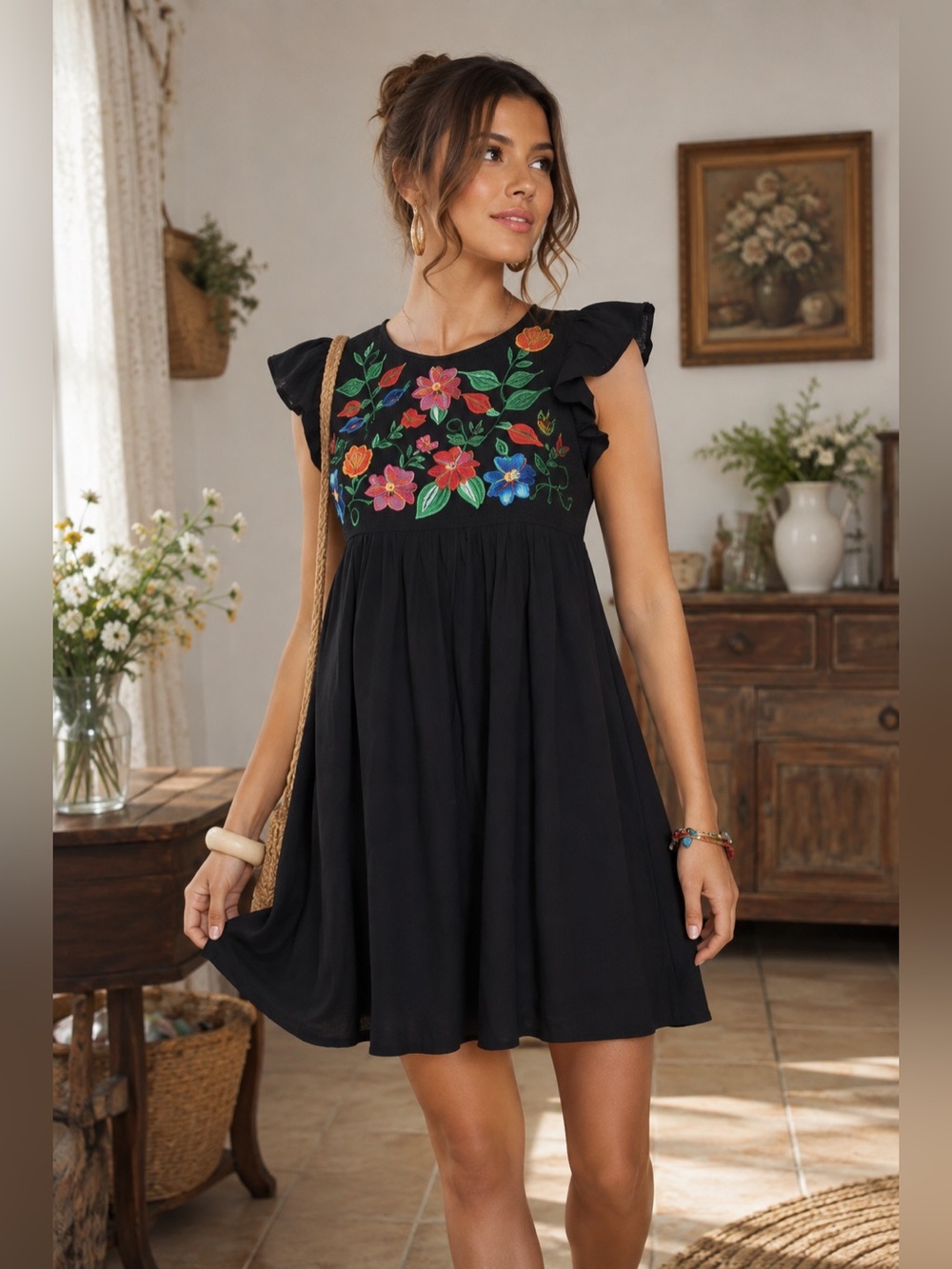 Floerns Black Embroidered Babydoll Dress XL Cottagecore Boho Prairie Floral